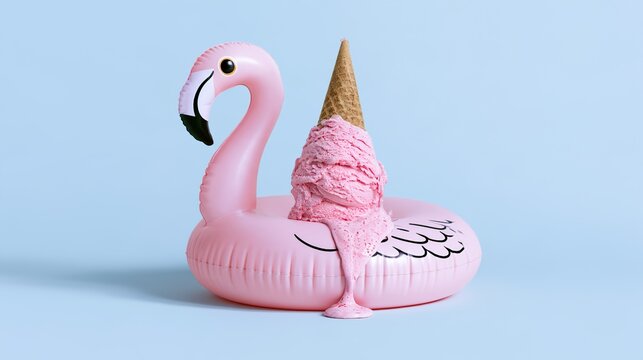 flamingo. Pink melting ice cream cone with a flamingo pool float on a pastel blue background. menu design, packaging mockups, designed for food delivery and cloud-kitchen brand materials.