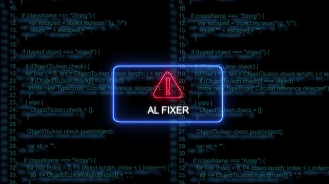 Ai fixer software interface displaying critical error warning over abstract digital programming code background, for advanced cybersecurity, software development, 