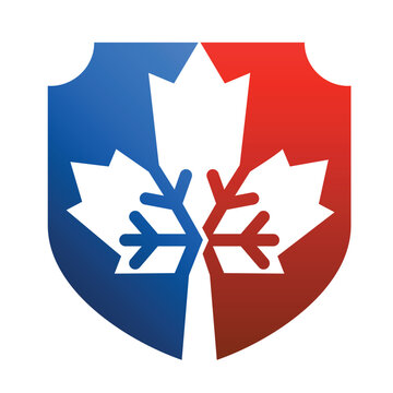 Maple leaf with hot and cold symbol. 
Canada heating  and cooling logo design vector.