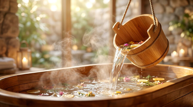 Spa bath, water filling steaming wooden tub with petals and lemon, tranquil wellness retreat, therapeutic relaxation.