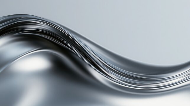 Abstract smooth silver chrome waves with soft light reflections on a neutral grey background