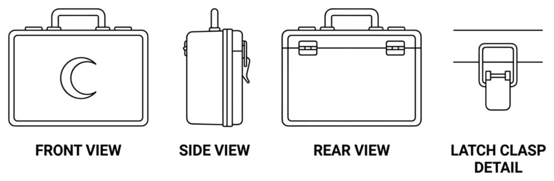 Outline of a briefcase with moon crescent symbol front view rear side and latch detail.