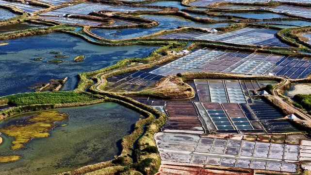 Cinematic aerial overhead view of colorful Guerande salt marshes forming geometric mosaic pattern of salt pans, canals and green dikes near Plage des Oceanides, France