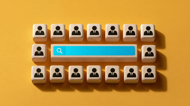 Search for Talent: A stylized keyboard layout with small figures representing people surrounds a search bar, symbolizing the digital search for qualified candidates and talent acquisition.