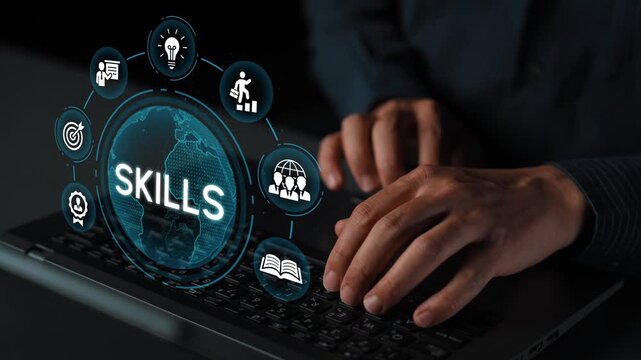 Hands Typing on Laptop with Digital Skill Icons Floating Above for Concept of Learning and Professional Development in Modern Technology Environment. Entropy.