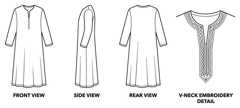 Traditional kaftan dress with detailed v-neck embroidery for elegant ethnic wear.