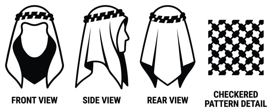 Traditional keffiyeh headdress front side rear views and checkered pattern detail vector.