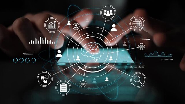 Modern technology concept with brain symbol in center and interconnected graphics showing data analysis, social connection, and digital insights. Entropy.