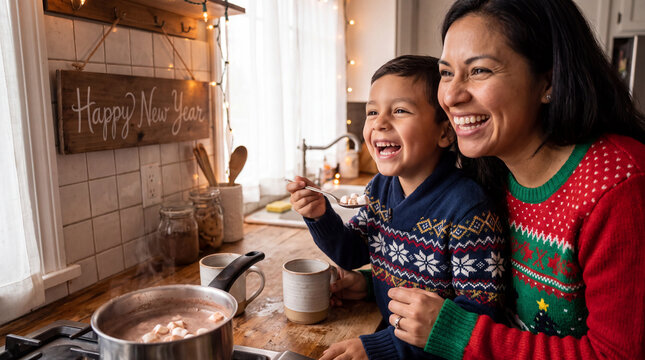 A warm Hispanic mother and son make hot chocolate together in a cozy kitchen, sharing a Happy New Year holiday moment for family marketing content.