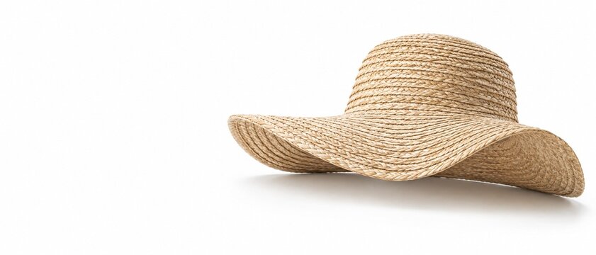 Woven straw sun hat on white background, flatlay product shot