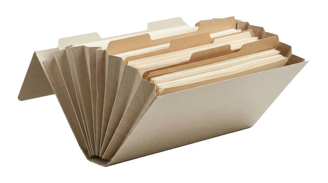 Organized beige expanding file folder filled with manila documents for office document management and information storage