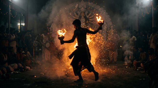Person performing traditional fire dance celebration in nighttime street festival with dramatic lighting