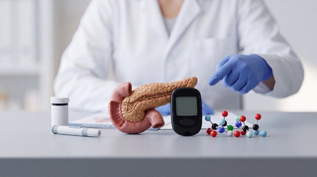 Medical professional pointing at a pancreas model and blood glucose meter on a desk in clinic with gloves points toward