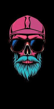 Retro vector design featuring bearded skull wearing sunglasses on a black background, retro, skull