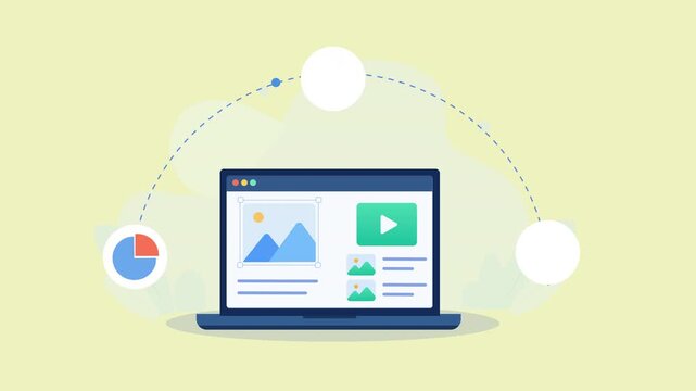 Flat vector animation showing cloud media analytics on a laptop with image, video, document, chart, and pie graph elements on a soft yellow background.