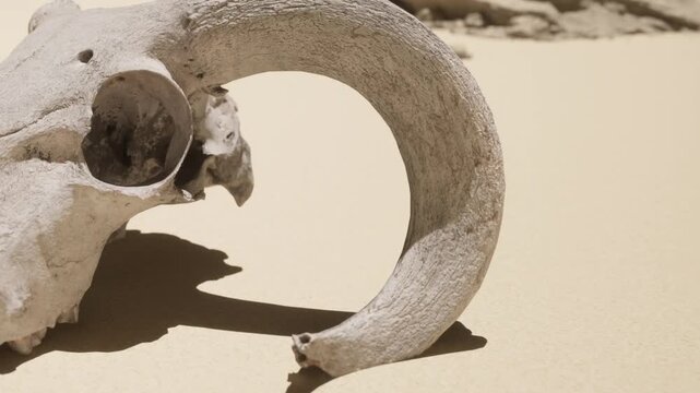 A rams skull lies sunbaked on arid desert sand, showcasing its curved horn and weathered surface. The dry landscape enhances the rugged beauty of this striking natural artifact.