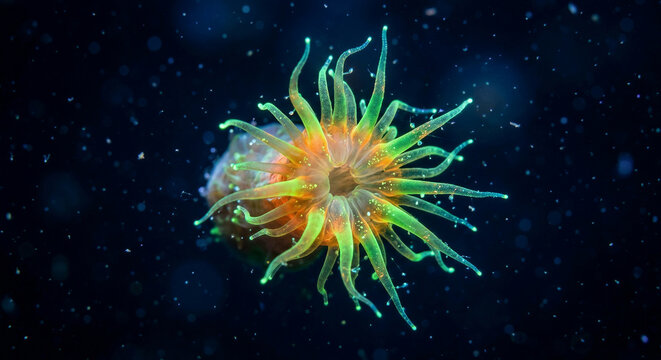 Single marine coral polyp with extended translucent tentacles glowing fluorescent green and orange under UV lighting, actively feeding in deep water night ocean environment macro photograph