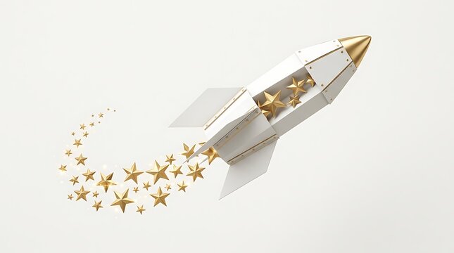 A handmade white paper rocket flying with a trail of gold stars.