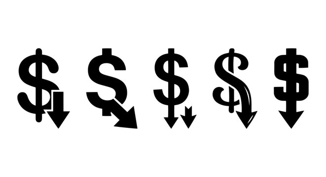 Dollar Sign Icons with Downward Arrows, Financial Decline Symbols, Economic Downturn Graphics, Business Loss Vector Set