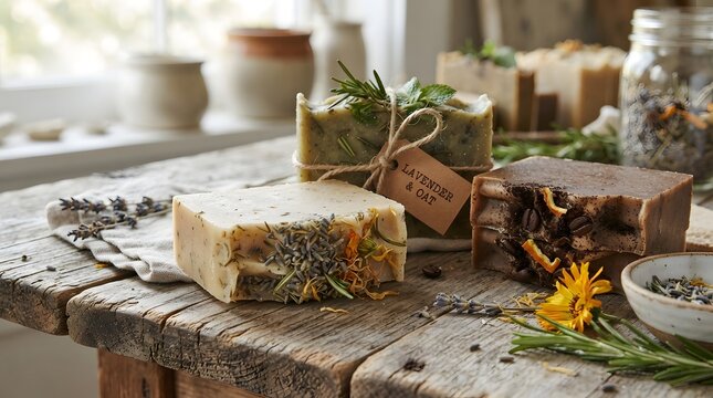 Collection of handmade organic soap bars, enriched with natural herbs and essential oils, elegantly arranged on a rustic wooden table, showcasing wholesome skincare
