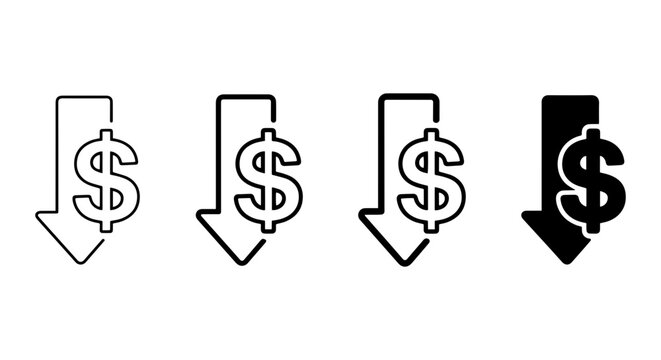 Dollar Sign Down Arrow Icons, Price Drop Vector Set, Financial Decrease Symbols, Cost Reduction Graphics