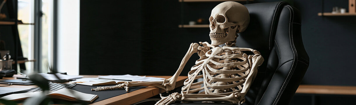 Waiting for the Deadline: A skeleton sits patiently in an office chair, a stark reminder of tasks left undone and the inevitable approach of a deadline.