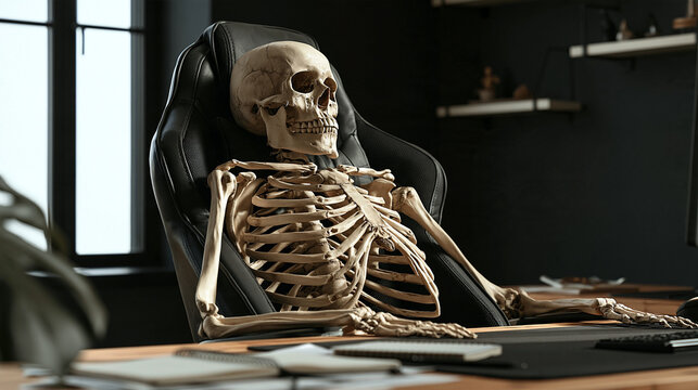 Waiting for the Deadline: A skeleton sits slumped in an office chair, a grim reminder of endless to-do lists and the inevitable march of time, embodying the struggle against overwhelming tasks.