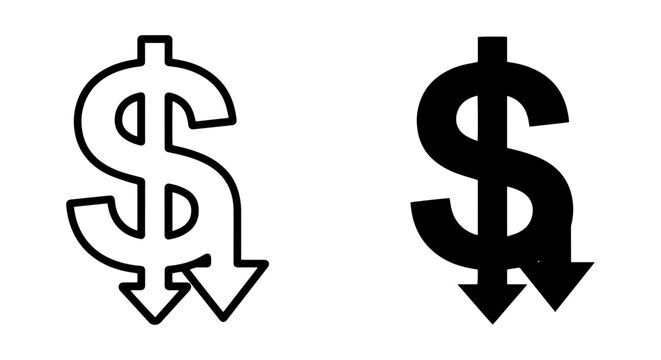 Dollar Sign Icons, Downward Arrows, Financial Decline, Money Loss, Economic Downturn, Vector Art