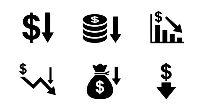 Financial Loss Icons, Money Down Symbols, Business Decline Graphics, Economic Downturn Vector Set