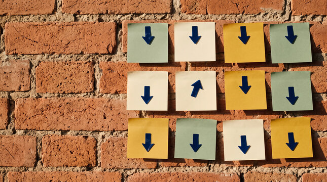 Blank sticky notes on red brick wall, navy arrow markers all pointing down except one pointing up, stand out from crowd concept, copy space 