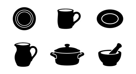 Fototapeta premium Kitchenware Icons Set, Ceramic Mug, Plate, Pitcher, Cooking Pot, Mortar Pestle, Vector Graphics