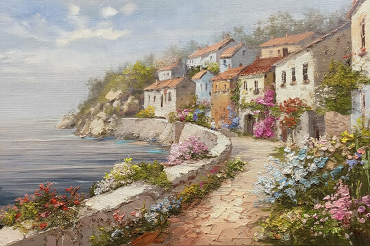 Coastal village painting showcasing traditional homes nestled on a cliffside, overlooking the sea with vibrant flowers and a winding path