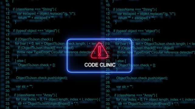 Dynamic code clinic warning sign featuring glowing neon red alert over scrolling software programming script background, for cybersecurity, software, development, debugging, and, tech troubleshooting