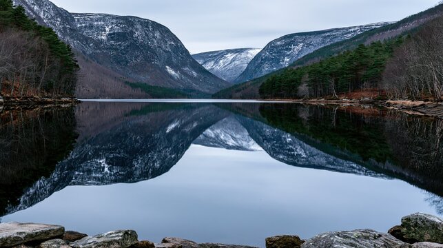 Calm lake reflecting snow-capped mountains and forests