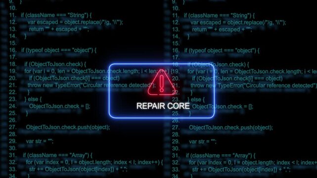Digital repair core system alert notification displaying critical error warning message over abstract scrolling software source code background, for cybersecurity technology, and programming