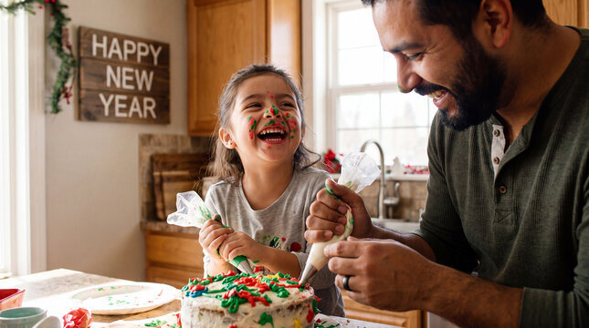 A joyful Hispanic father and daughter decorate a cake with festive icing, laughing during a Happy New Year baking moment for family marketing content.