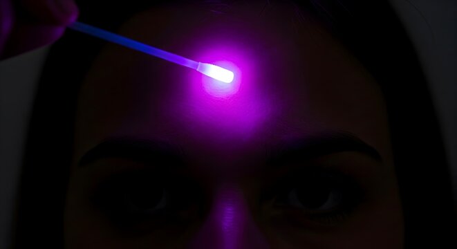Medical professional performing a glowing UV skin analysis on a patient