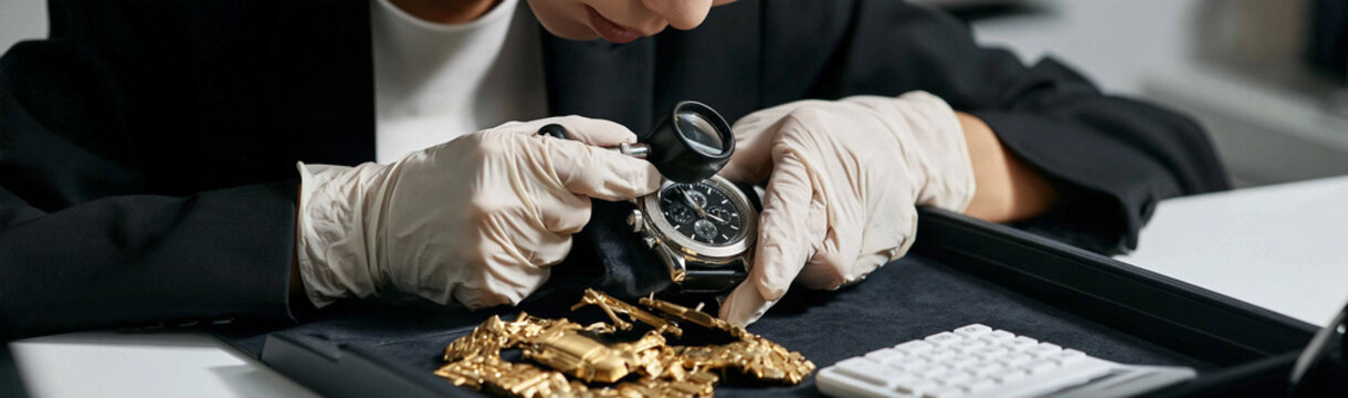 Jewelry Appraisal Detail: A gloved hand meticulously examines a luxury wristwatch with a loupe, surrounded by raw gold nuggets, showcasing the intricate process of jewelry appraisal and valuation.