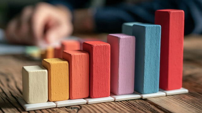 Bar chart with ascending bars: A visually engaging bar chart made of colorful wooden blocks represents growth and progress, set against a rustic wooden background.