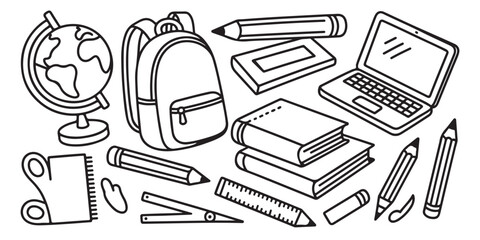 Fototapeta premium School supplies doodle vector set with backpack globe laptop books pencils ruler and notebook perfect for back to school educational designs.