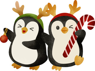 Fototapeta premium Cute cartoon penguins wearing reindeer antlers and festive hats one holding a Christmas ornament and the other a candy cane celebrating winter holidays
