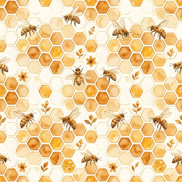 Watercolor honeybee seamless pattern, golden honeycomb grid background, vintage honey bee illustration, organic sweet nectar wallpaper