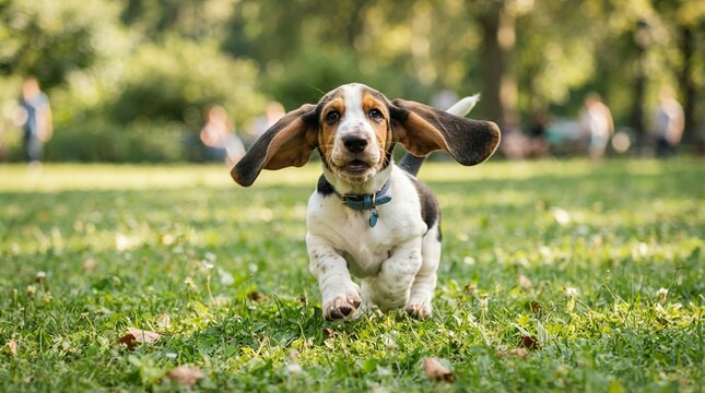 Happy Basset Hound Puppy Running in Park with Ears Flying.
