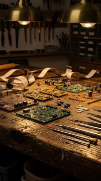 Intricate Circuit Boards and Electronic Components on Rustic Wooden Workbench in Workshop, Warm Ambient Lighting, Tools and Cables Neatly Arranged, Capturing Precision and Craftsmanship