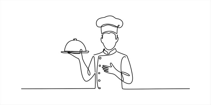 Continuous single line drawing of a chef holding a serving tray with a food dome lid