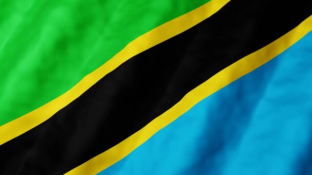 3D animation of Tanzania National flag waves gently seamless loop in the breeze. Green, black, and blue colors create a bold pattern. Yellow stripes frame the central black band. 4k motion graphics