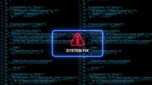 Dynamic system fix notification alert overlaying scrolling javascript programming code background, for cyber security, software development, technical, troubleshooting, and digital infrastructure