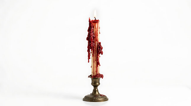 Lit wax candle with red drips in a vintage brass metal candlestick