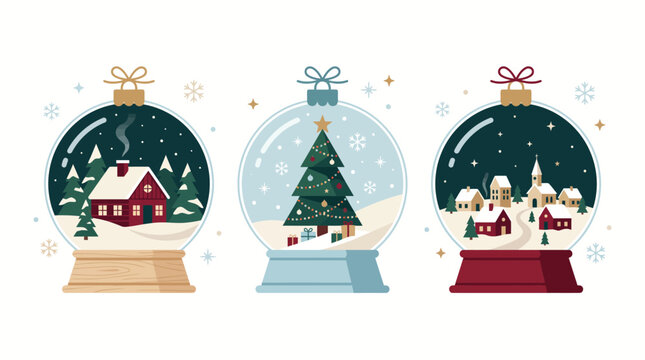 Vector illustration set of three Christmas snow globes featuring cozy winter scenes, holiday tree and village