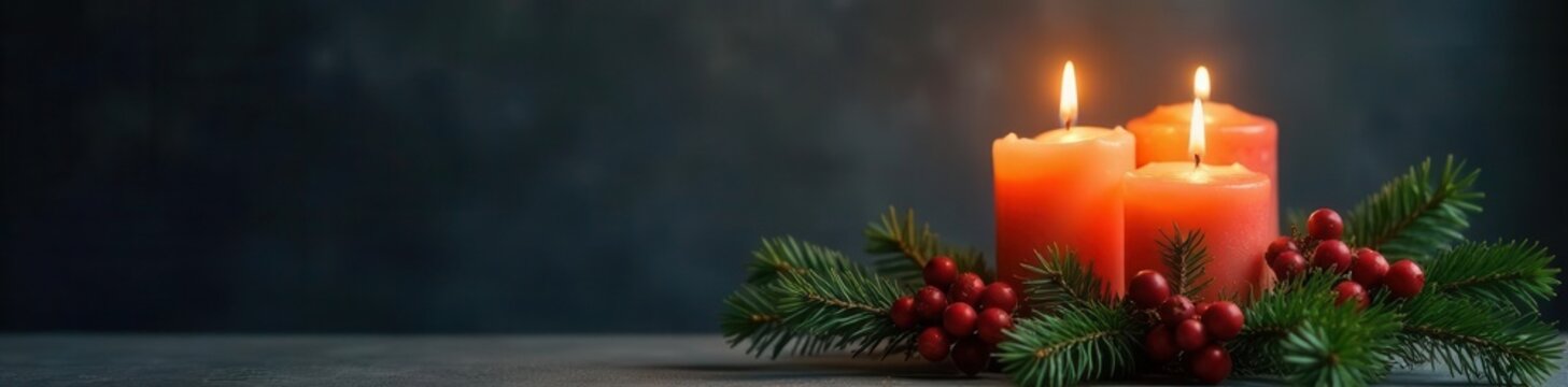 Two burning candles on fir branches, Christmas decorations, dark grey background , sacred, branches, dark